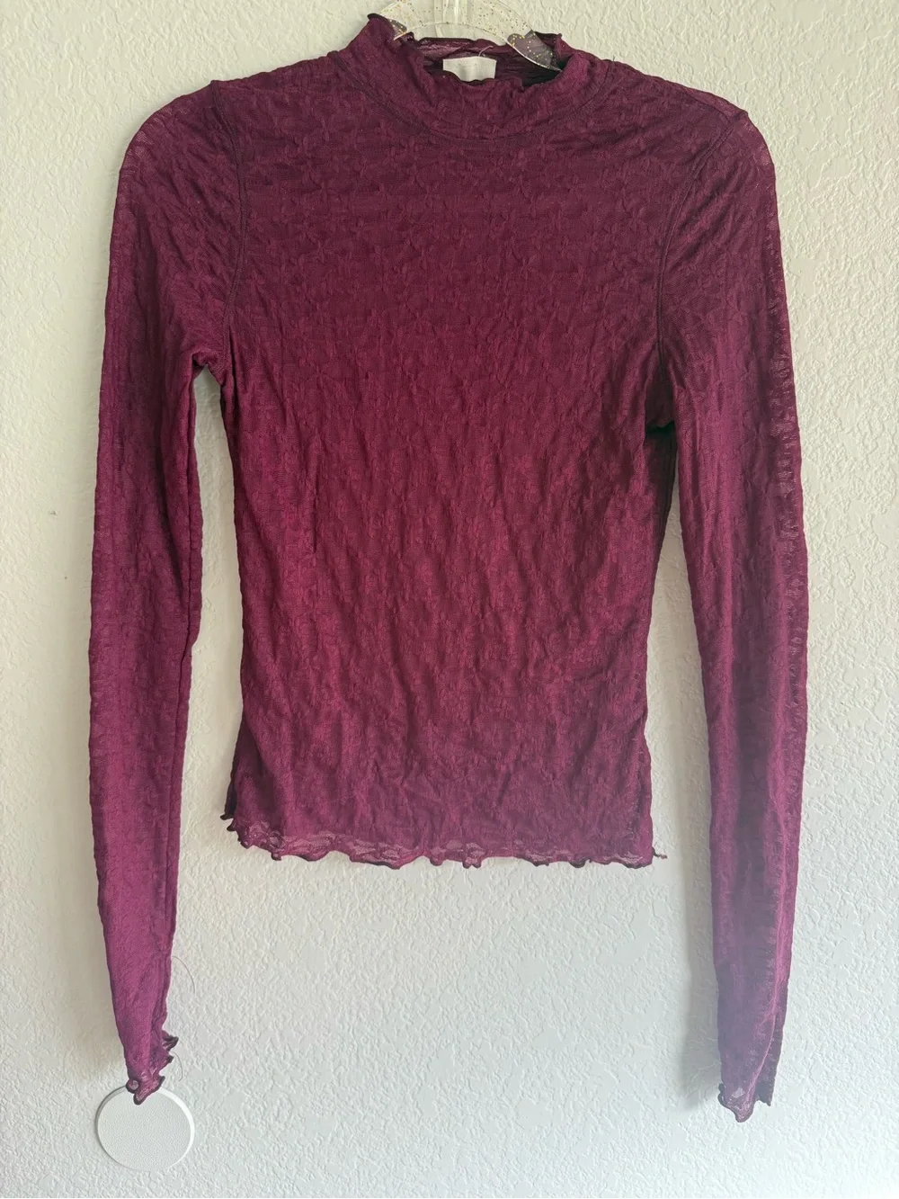 Free People Burgundy Sheer Lace Long Sleeve Top NEW
